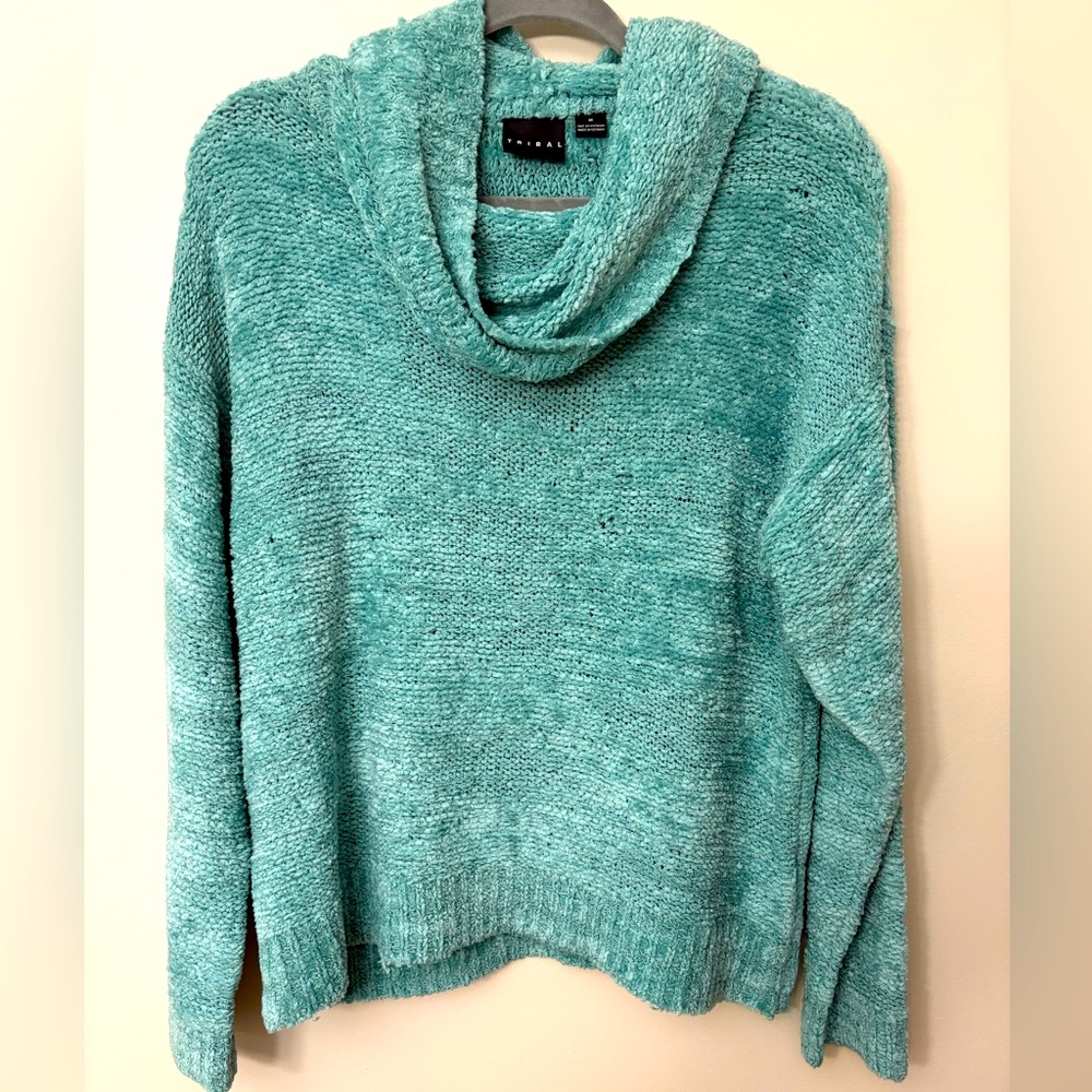 Tribal Teal Cowl Neck Sweater
